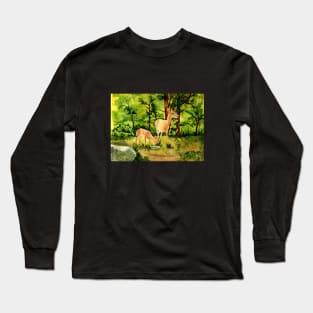 Doe and Fawn (deer) Watercolor Long Sleeve T-Shirt